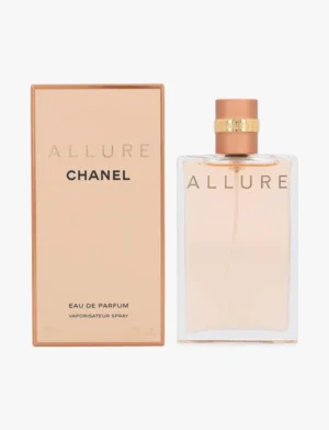 Chanel Allure EDP Women 100ml bottle with sleek rectangular design and gold-tone cap, styled in a soft, luxurious setting.