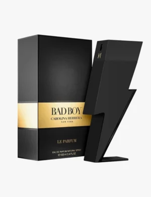 Carolina Herrera Bad Boy Le Parfum EDP Men 100ml bottle in matte black lightning bolt design, set in a bold and edgy background.