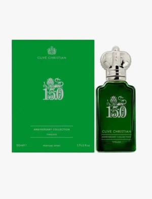 Clive Christian Timeless 150th Anniversary Edition 50ml bottle in elegant design with gold accents, styled in a luxurious setting.