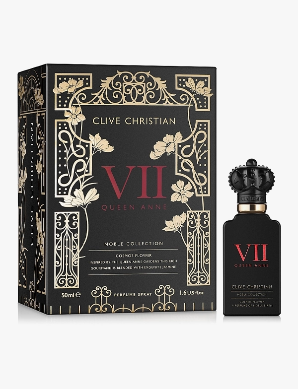 Clive Christian Noble VII Cosmos Flower for Women 50ml bottle with deep red tones and gold detailing, presented in a regal, floral-inspired setting.